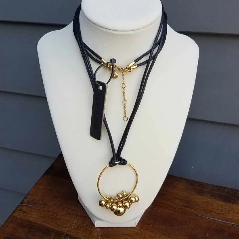NWT J Crew Black Cord Circle Charm Necklace with Balls